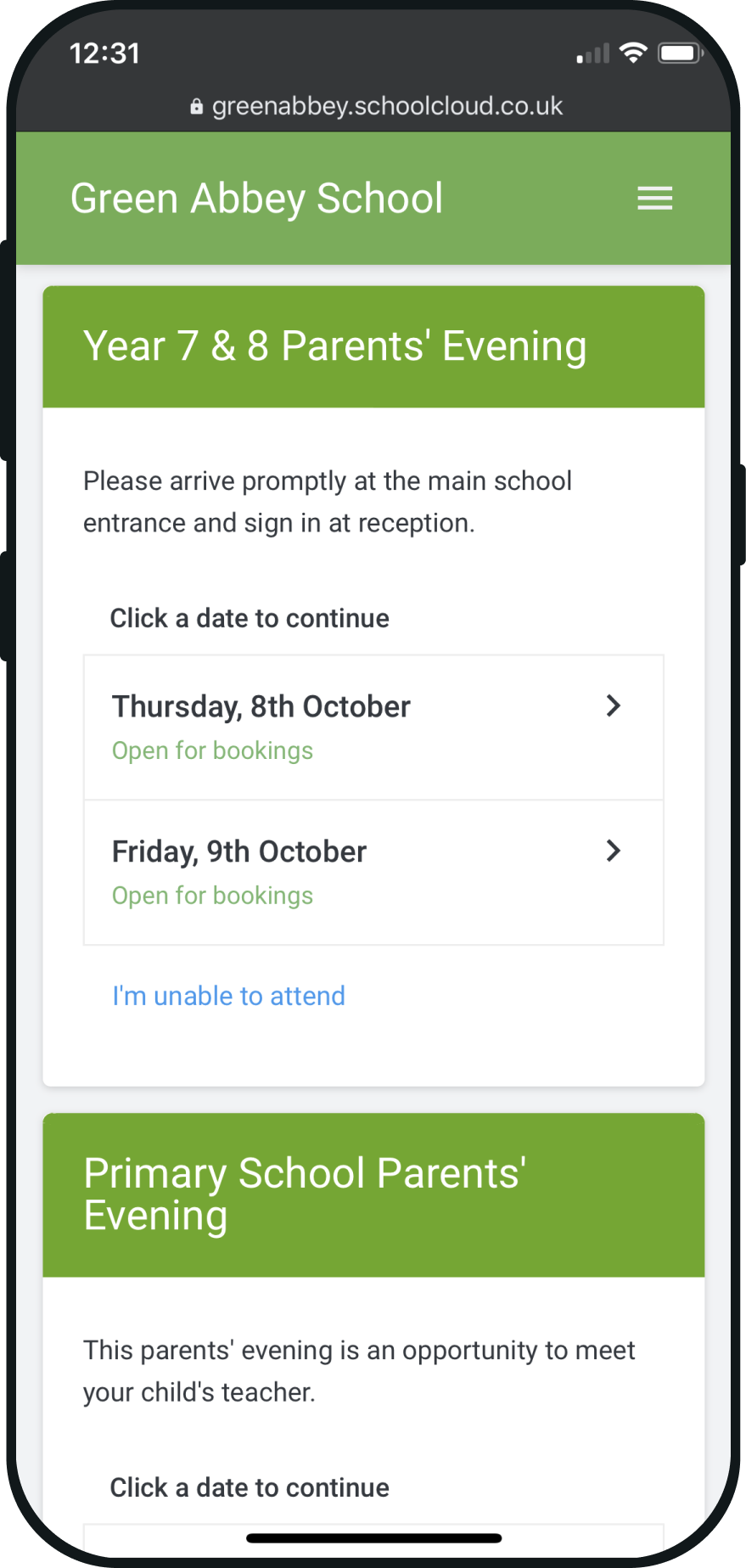 Parents evening example mobile  image